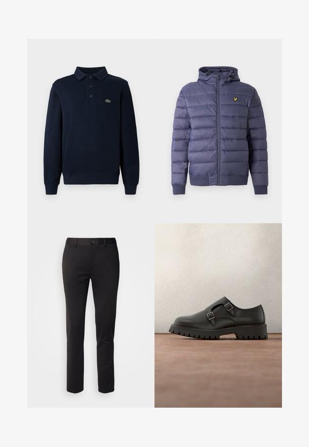 Marineblaue Steppjacke mit Reißverschluss, gerippten Bündchen und Kapuze. Verfügt über ein gestepptes Design und ein kleines gelbes Logo auf der Brust.; Navyblaues Langarm-Polohemd mit Knopfleiste und kleinem grünen Krokodil-Logo auf der Brust.; Schwarze Hose aus glattem Stoff mit geradem Bein, Frontknopfverschluss und Gürtelschlaufen, auf einem weißen Hintergrund dargestellt.; Schwarzer Lederschuh mit doppelten Schnallenriemen, abgerundetem Zehenbereich und strukturierter, dicker Gummisohle. Minimalistisches Design mit kontrastierendem blauem Innenfutter.