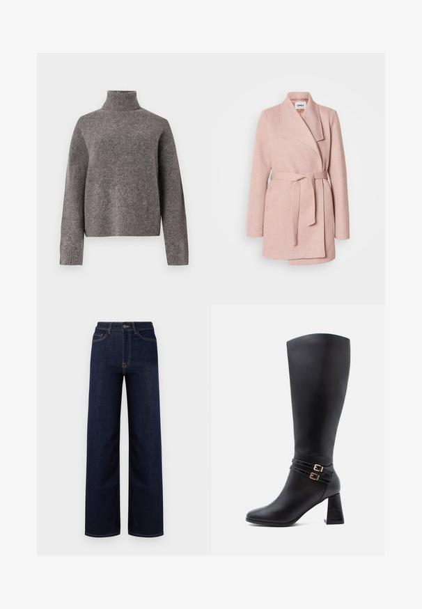 Manteau rose pâle ceinturé, avec un large col, des manches longues et une ceinture à nouer à la taille. Texture douce avec un design épuré et minimaliste.; Pull à col roulé gris en tricot doux, avec des manches longues et une coupe décontractée, présentant une texture côtelée aux poignets et à l'ourlet.; Jeans en denim bleu foncé à jambes larges, avec une taille haute, quatre poches et des coutures contrastantes le long des coutures.; Botte en cuir noir jusqu'au genou avec un bout pointu, deux sangles décoratives avec des boucles dorées, et un talon épais et texturé.