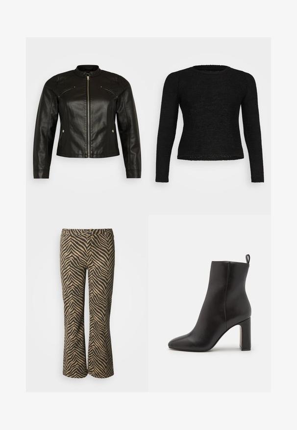 Vero Moda Curve VMCFAVODONA JACKET - Veste en similicuir - black; Pull en tricot noir avec des manches longues, un col rond et un motif texturé. L'ourlet est légèrement plus long à l'arrière, offrant une coupe ample.; Pantalon évasé à rayures zébrées marron et noir avec une texture lisse et une ceinture standard comportant deux poches avant et des passants pour ceinture.; Botte chelsea en cuir noir avec un bout pointu, un talon haut cylindrique et une languette à l'arrière pour un enfilage facile. Texture lisse.