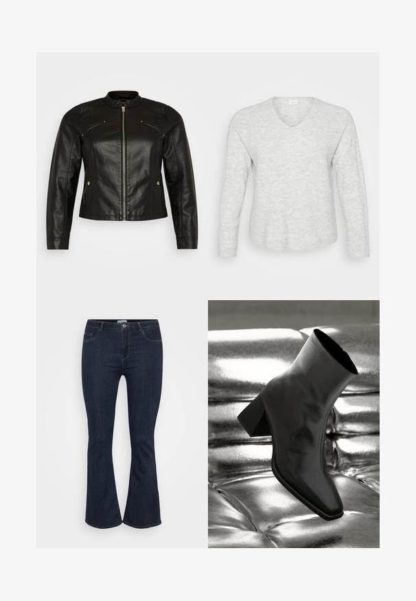 Vero Moda Curve VMCFAVODONA JACKET - Chaqueta de cuero sintético - black; Suéter de manga larga gris claro con textura acanalada, escote en V y dobladillo ligeramente curvado. Material suave con variaciones sutiles en el patrón.; Jeans de mezclilla de tiro alto en azul oscuro, con un ajuste ceñido en los muslos y un ligero acampanado en la parte inferior, que cuentan con bolsillos frontales y cierre de botón.; Botín negro de tobillo hecho de material brillante, con punta cuadrada y tacón cónico, contra un fondo plateado brillante con almohadillado.