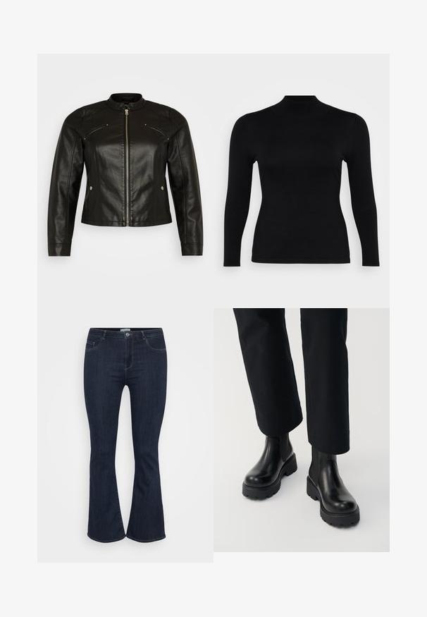Vero Moda Curve VMCFAVODONA JACKET - Bunda z nepravej kože - black; Čierny sveter s dlhými rukávmi a rolákovým výstrihom, vyrobený z mäkké a hladkej tkaniny. Úzky strih s vysokým golierom a rovnými okrajmi, s minimálnymi švami a bez vzorov.; Tmavomodré riflové nohavice s vysokým pásom, priliehajúce na stehnách a s miernym rozšírením na spodnej časti, so prednými vreckami a zapínaním na gombík.; Osoba nosiaca čierne kožené členkové čižmy s hrubou podrážkou v kombinácii s čiernymi nohavicami so širokými nohavicami na bielom pozadí.
