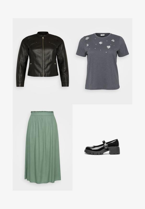 Vero Moda Curve VMCFAVODONA JACKET - Imiteret læderjakke - black; Grå bomulds T-shirt med korte ærmer, prydet med metallic blomsterapplikationer og palietter arrangeret på forsiden. Blød tekstur, afslappet pasform.; Grøn midi-nederdel med en samlet elastisk talje, glat tekstur og flodende design, der har en let A-form og ingen mønstre.; Sort patentlæder Mary Jane sko med en kraftig hæl, rund tå og en rem med detajler i form af en hjerteformet spænde.