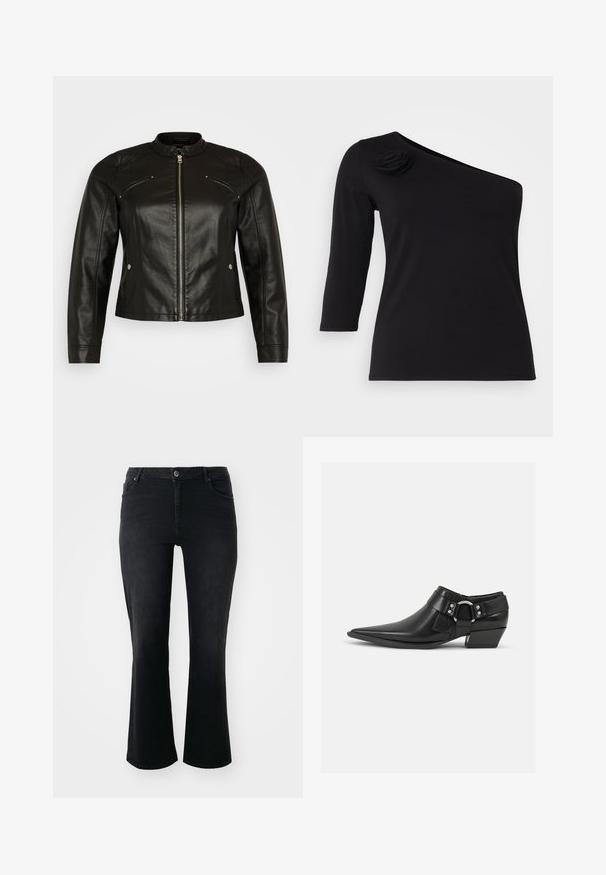 Vero Moda Curve VMCFAVODONA JACKET - Kunstlederjacke - black; Schwarzes, schulterfreies Oberteil mit dreiviertel Ärmeln, versehen mit einer dekorativen Stoffrose an der linken Schulter, aus glattem, dehnbarem Material gefertigt.; Schwarze Denim-Jeans mit mittelhohem Bund, vorderem Knopf, zwei Vorder- und zwei Hintertaschen sowie weiter Schnitt.; Schwarze Leder-Ankle-Boots mit spitzem Zeh, ausgestattet mit einem vorderen Leder-Riemen und einem silbernen Schnallendetail sowie einem niedrigen Blockabsatz.