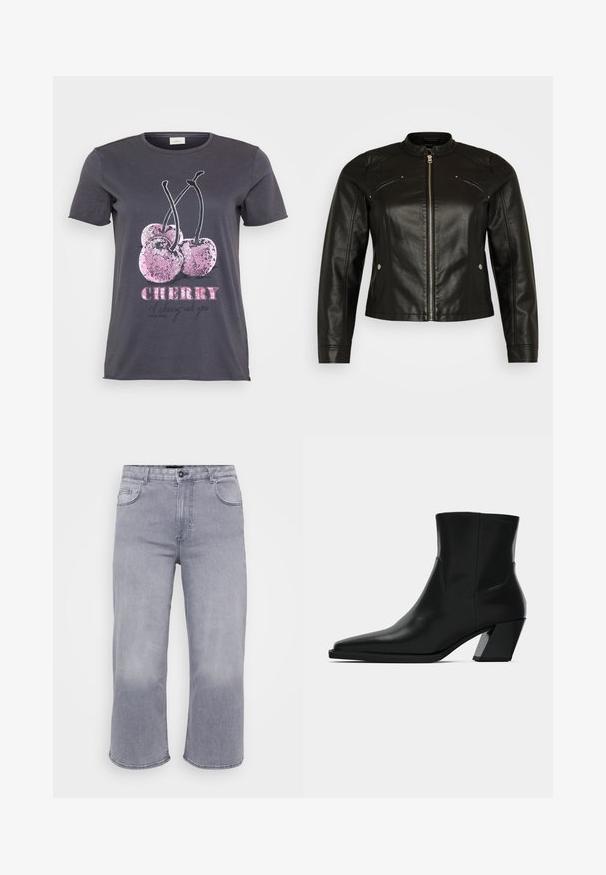 Vero Moda Curve VMCFAVODONA JACKET - Imiteret læderjakke - black; Grå T-shirt med et kirsebærmotiv med lyserøde glimmerdetaljer, ordet "CHERRY" i fed lyserød og yderligere tekst i sort.; Grå denimjeans med et cropped, bredt ben-design, fem lommer, knaplukning og en subtil falme mønster langs stoffet.; Sortlæder ankelstøvle med spids tå, en slank silhuet og en kraftig firkantet hæl. Glat tekstur med minimale stikninger.