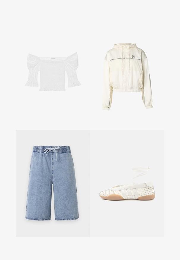 Chaqueta cortada con capucha en color blanco hueso, con cremallera frontal, dobladillo y puños elásticos, detalles de ribete negro y pequeño logotipo redondo en el pecho.; Top blanco sin hombros con mangas abullonadas, corsé fruncido y dobladillo con volantes acampanados. Hecho de algodón texturizado con detalles de ojales.; Pantalones cortos vaqueros azul claro con cintura elástica y cordón blanco, hasta la rodilla y corte holgado.; Zapato blanco tejido con parte superior texturizada, presenta una puntera redondeada, detalles en cuero blanco y una suela de goma flexible. Cordones delgados adjuntos.