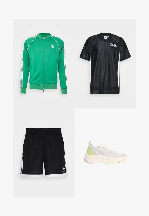 Grøn polyester jakke med lynlås, hvide striber og ribbede manchetter og krave. Har et lille hvidt logo på brystet.; Sort sporty jersey lavet af glat, skinnende stof med V-hals, prydet med hvide sidelister og et Adidas-logo på brystet.; Sorte net sports-shorts med elastisk talje, hvide sidelister og hvid kant. Har et adidas-logo i nederste højre hjørne.; Lyse beige og grøn atletiksneaker med chunky sål, mesh overdel, trækflap ved hælen og diskret branding på tåområdet.