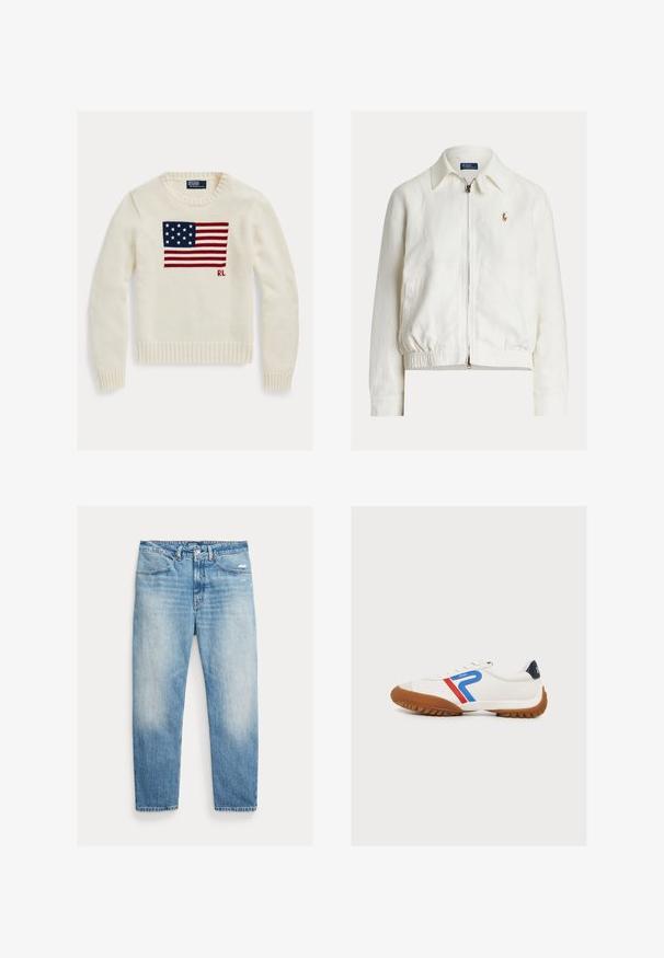 Chaqueta bomber de lino blanco con cierre frontal de cremallera, cinturilla elástica y mangas largas. Presenta un pequeño logo bordado en el lado izquierdo del pecho.; Jersey de punto color crema con la bandera americana tejida a lo largo del pecho y pequeñas iniciales "RL" debajo de la bandera en el lado derecho.; Vaqueros de pierna recta en azul claro desgastado, con bolsillos delanteros, cierre de botón y cremallera, y ligero desgaste en el muslo derecho.; Zapatilla blanca con suela marrón, con rayas azules y rojas y la palabra "Polo" en el lateral, y una lengüeta trasera azul oscuro.