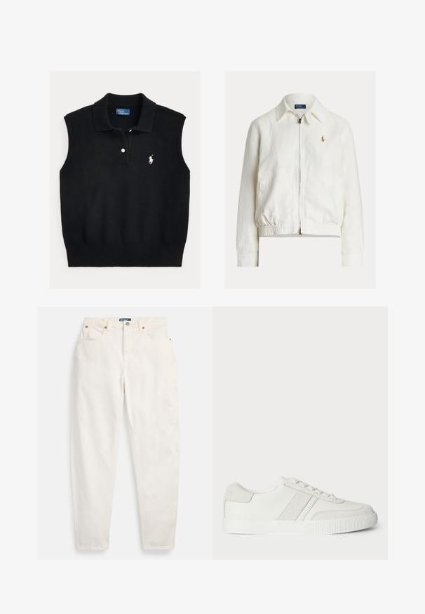Veste bomber en lin blanc avec fermeture éclair à l'avant, taille élastique et manches longues. Comprend un petit logo brodé sur la poitrine gauche.; Pull sans manches noir en maille texturée avec un col côtelé, doté d'une patte à deux boutons et d'un logo brodé blanc.; Jean blanc taille haute à jambes droites, avec bouton et fermeture éclair sur le devant, design à cinq poches et étiquette de marque Polo sur la ceinture.; Basket blanche avec une tige en cuir lisse, des accents en suède et des lacets plats. Dispose d'une semelle en caoutchouc texturée et d'un design minimaliste.