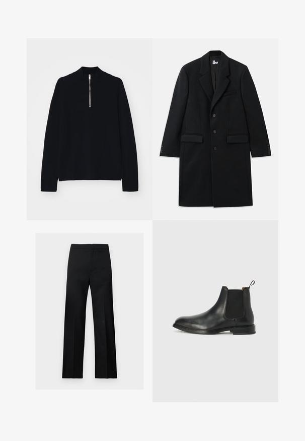 Sort uldblandingsfrakke med spidse klapper, sidelommer, tre knapper og knaplukning ved ærmerne. Glat tekstur med skræddersyet design.; Sort langærmet top lavet af et blødt materiale, med en høj mock-neck og en halv lynlås foran, med en afslappet pasform.; Sorte, lige formelle bukser med høj talje og et rent, minimalistisk design, vist på en ensartet lys baggrund.; Sort læder Chelsea støvle med strømlinet form, elastiske sidepaneler, en løkke på bagsiden og flad sål. Glat tekstur.