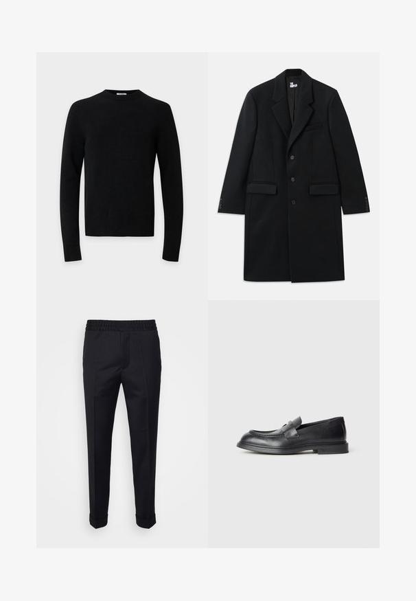 Sort uldblandingsfrakke med spidse klapper, sidelommer, tre knapper og knaplukning ved ærmerne. Glat tekstur med skræddersyet design.; Sort langærmet rundhalset sweater med ribkant ved kant og ærmer på en ensfarvet lysegrå baggrund.; Sorte bukser lavet af letvægtsstof, med elastisk talje, sidelommer og oprevne kant. Glat tekstur med frontvendinger.; Sorte læder loafers med en struktureret finish, der har en dekorativ frontrem og en rundet tå. Gummisål for holdbarhed.