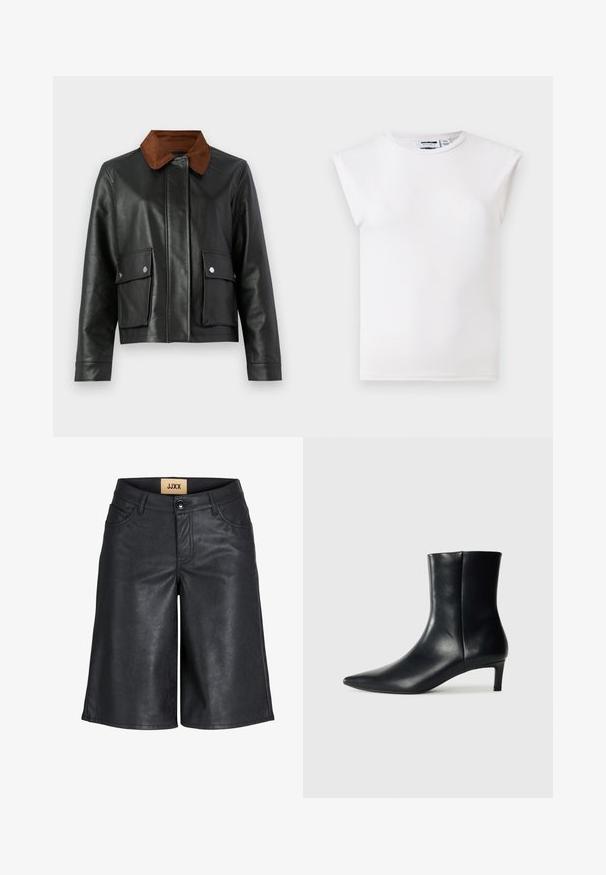 Chaqueta de cuero negra con cuello de pana marrón, bolsillos frontales con tapa y botones a presión, y cierre frontal oculto.; Top blanco sin mangas con cuello redondo y detalles acolchados en los hombros, fabricado con tejido liso, mostrado sobre un fondo neutro.; Pantalones cortos hasta la rodilla de cuero sintético negro con botón frontal, trabillas para cinturón y etiqueta JJXX en la cintura interior.; Botín de cuero negro hasta el tobillo con punta afilada, silueta ajustada y tacón bajo y redondeado. Textura suave con un detalle mínimo.