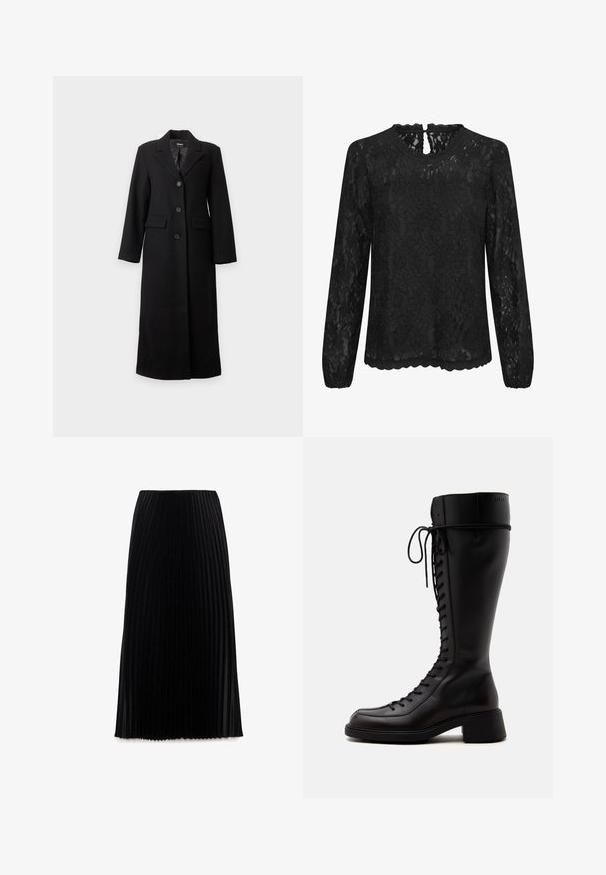 Long manteau noir pour femme avec trois boutons devant, deux poches à rabat et un col cranté, présenté sur un fond clair uni.; Blouse en dentelle noire à manches longues avec un col rond, un ourlet festonné et un dos avec un détail en clé. Motif floral délicat sur l'ensemble.; Jupe plissée noire avec une taille ajustée et un design longueur sol. Fabriquée en tissu léger avec une texture lisse.; Grande botte noire en cuir à lacets avec un petit talon bloc et un bout arrondi vue de côté sur fond blanc.
