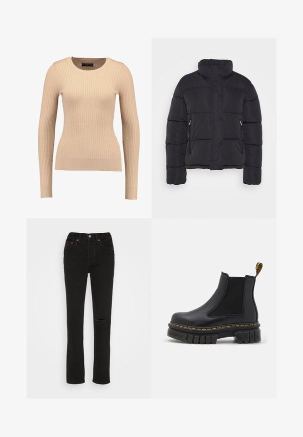 Sort polstret jakke med høj krave, der har trykknapper, to sidelommer og vandrette quiltede sektioner til isolering.; Ribbet langærmet sweater i lys beige, lavet af strækbart stof. Har en rund halsudskæring og tætsiddende silhuet med ribbede manchetter.; Sorte denim jeans med en lige ben-design, der har en revnet knædetalje, fem lommer og kobberhardwaredetaljer på taljen.; Sort chelsea ankelstøvle lavet af læder og elastik. Har en kraftig gummisål, gul syning og en løkke bagpå.