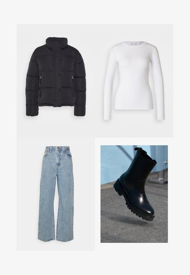 Zwarte gewatteerde jas met een hoge kraag, voorzien van drukknopen, twee zijzakken en horizontaal gestikte delen voor isolatie.; Witte longsleeve shirt van ribstof, met een ronde halslijn en een getailleerde vorm. Er zijn geen patronen of accenten aanwezig.; Lichtblauwe wijde denim jeans met hoge taille, sluiting met voorknop en rits, en vijfzakkenontwerp op een effen achtergrond.; Zwarte leren enkellaars met elastische zijpanelen, een afgeronde neus en een dikke, gestructureerde zool. Gladde afwerking met een minimalistisch design.