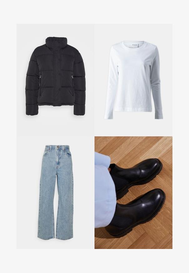 Sort polstret jakke med høj krave, der har trykknapper, to sidelommer og vandrette quiltede sektioner til isolering.; Hvid langærmet t-shirt lavet af blødt bomuld. Har en rund halsudskæring og tætsiddende ærmer. Glat tekstur med et enkelt design.; Lyseblå vidde denimjeans med høj talje, frontknap, lynlås og femlomme-design på ensfarvet baggrund.; Sorte ankelstøvler lavet af glat læder med elastiske sidepaneler, en tekstureret gummisål og kontraststing langs kanten.