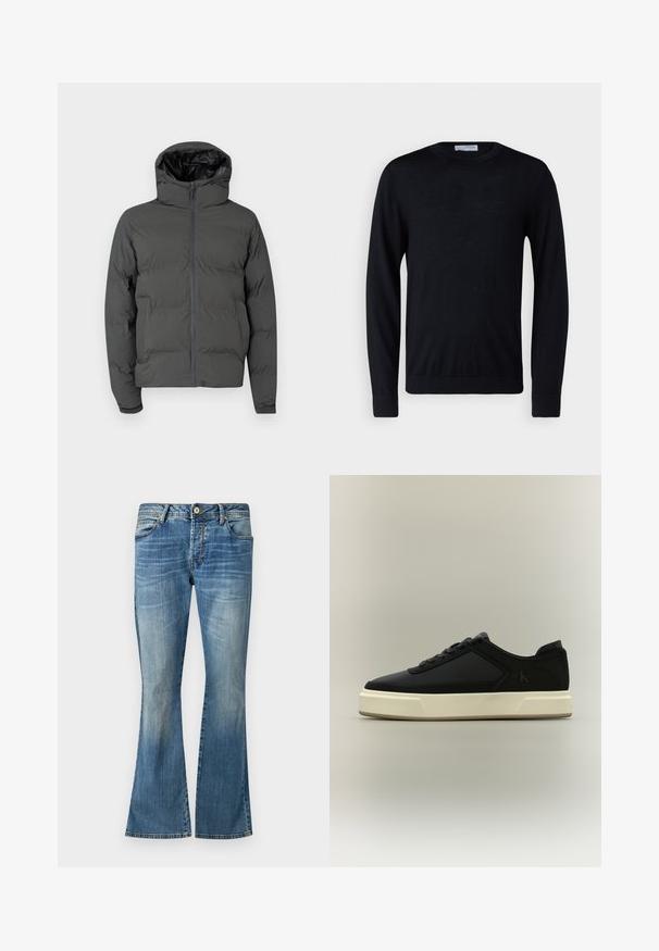 Chaqueta de plumas gris con capucha, que cuenta con un cierre frontal y un patrón acolchado. Material exterior suave con un interior brillante en contraste.; Jersey negro de manga larga con cuello redondo y puños y dobladillo acanalados, mostrado sobre un fondo blanco.; Pantalones vaqueros acampanados azules de denim con un lavado desgastado. Tienen cinco pasadores para cinturón, un cierre con botón y detalles de costura clásica.; Zapatilla deportiva negra de corte bajo con suela blanca gruesa, cordones en la parte delantera y el logo sutil "cK" en el lateral.