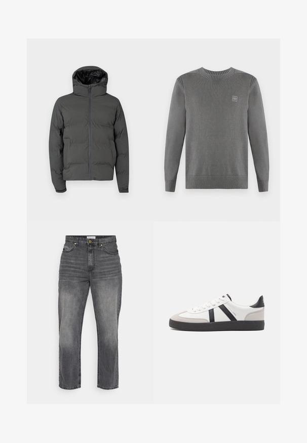 Sivá prešívaná bunda s kapucňou, s predným zipsom a prešívaným vzorom. Hladký vonkajší materiál s kontrastným lesklým interiérom.; TOM TAILOR WASHED CREWNECK - Svetrík - dark grey; Šedé denimové džínsy so strihom rovného strihu, zdobené vyblednutým povrchom, prednými vreckami a gombíkovým zapínaním. Jednoduché prešitie a detaily lemu.; Biele tenisky s čiernymi a šedými akcentmi, s textúrovanou šedou špičkou, čiernou gumovou podrážkou a plochými bielymi šnúrkami. Čistý dizajn, minimalistický štýl.