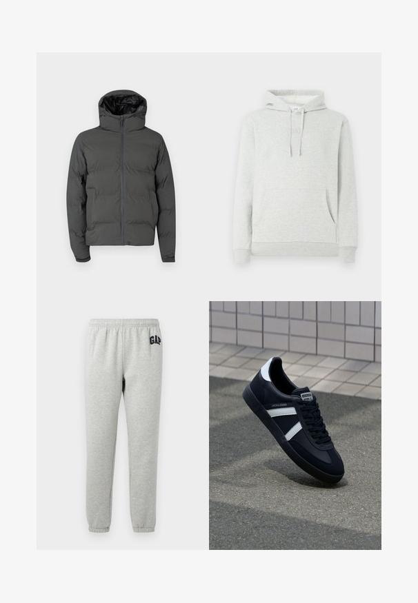 Grijze pufferjack met een capuchon, voorzien van een rits aan de voorkant en een geborduurd patroon. Glad buitenmateriaal met een contrasterende glanzende binnenkant.; Lichtgrijze hoodie met een trekkoordkap, voorzak, ribgebreide manchetten en zoom, met een subtiele logo-embossing op de borst.; Grijze sweats met een elastische tailleband, cuffed enkels, en een marineblauwe "GAP" logo op de linker boven dij. Zachte, katoenen stofmix.; Zwarte leren sneaker met witte strepen, een gestructureerde rubberen zool en vetersluiting aan de voorkant. Voorzien van een merklabel op de tong.