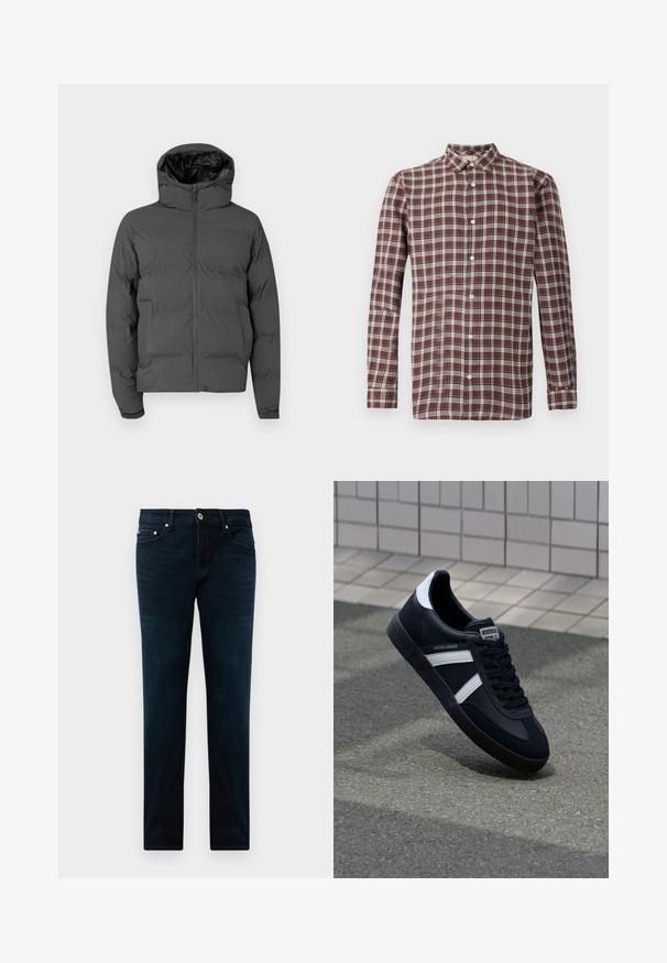 Graue Daunenjacke mit Kapuze, ausgestattet mit einem frontalen Reißverschluss und gestepptem Muster. Glattes Außenmaterial mit kontrastierendem, glänzendem Innenfutter.; Langärmliges Hemd mit Knopfleiste im karminrot-weißen Karomuster, aus Baumwollstoff, mit standardmäßigem Kragen, sechs Knöpfen auf der Vorderseite.; Dunkelblaue Slim-Fit-Jeans mit vorderem Knopf, Reißverschluss, Gürtelschlaufen und fünf Taschen, flach auf einem weißen Hintergrund ausgelegt.; Schwarze Leder-Sneaker mit weißen Streifen, strukturiertem Gummisohle und Schnürung. Verfügt über ein Markenetikett auf der Zunge.