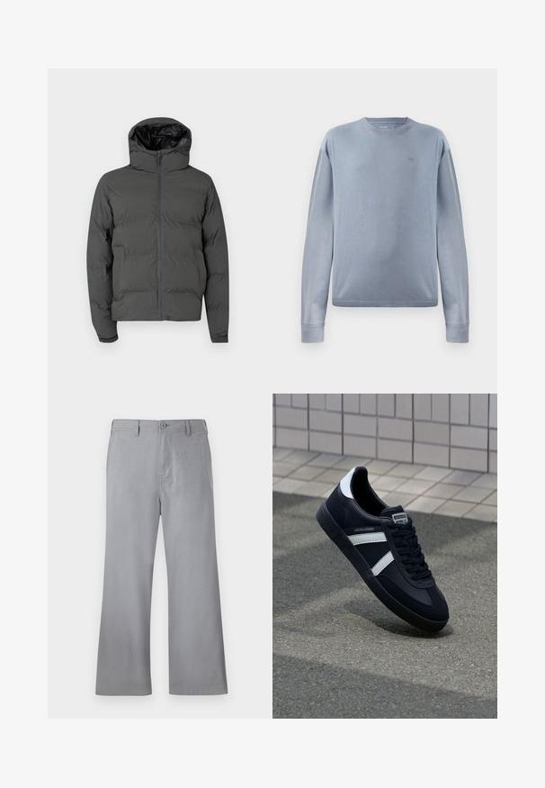 Chaqueta de plumas gris con capucha, que cuenta con un cierre frontal y un patrón acolchado. Material exterior suave con un interior brillante en contraste.; Sudadera de manga larga de color azul claro hecha de tela suave. Presenta un cuello redondo y puños acanalados. Logo sutil en el pecho.; Pantalones de pierna ancha grises, hechos de una tela suave, con cierre frontal de botón, trabillas para cinturón y un diseño limpio sin patrones ni acentos visibles.; Zapatilla de cuero negra con rayas blancas, suela de goma texturizada y parte frontal con cordones. Cuenta con una etiqueta de marca en la lengüeta.