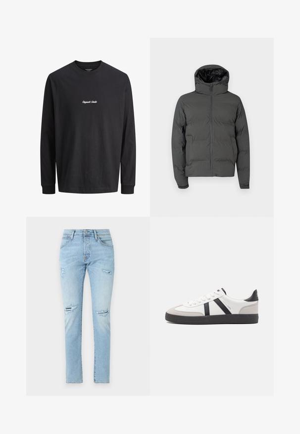 Grå pufferjakke med hætte, med en frontlynlås og kviltet mønster. Glat ydermateriale med en kontrastfyldt skinnende inderside.; Langærmet sort T-shirt med "Originals Studio" broderet i hvidt på brystet; minimalistisk design mod en ensfarvet baggrund.; Lyseblå denimjeans med en slank pasform, der har slidte detaljer ved knæene og et klassisk design med fem lommer.; Hvide sneakers med sorte og grå detaljer, med en tekstureret grå tåhætte, sort gummisål og flade hvide snørebånd. Rent design, minimalistisk stil.