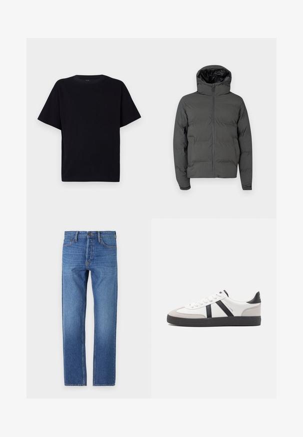 Grå pufferjakke med hætte, med en frontlynlås og kviltet mønster. Glat ydermateriale med en kontrastfyldt skinnende inderside.; Sort kortærmet t-shirt med rund halsudskæring. Fremstillet af blødt stof, med en afslappet pasform og uden synlige mønstre eller detaljer.; Blå denim jeans med lige ben, klassisk fem-lomme design, kobbersting og en falmet vask for et slidte look.; Hvide sneakers med sorte og grå detaljer, med en tekstureret grå tåhætte, sort gummisål og flade hvide snørebånd. Rent design, minimalistisk stil.