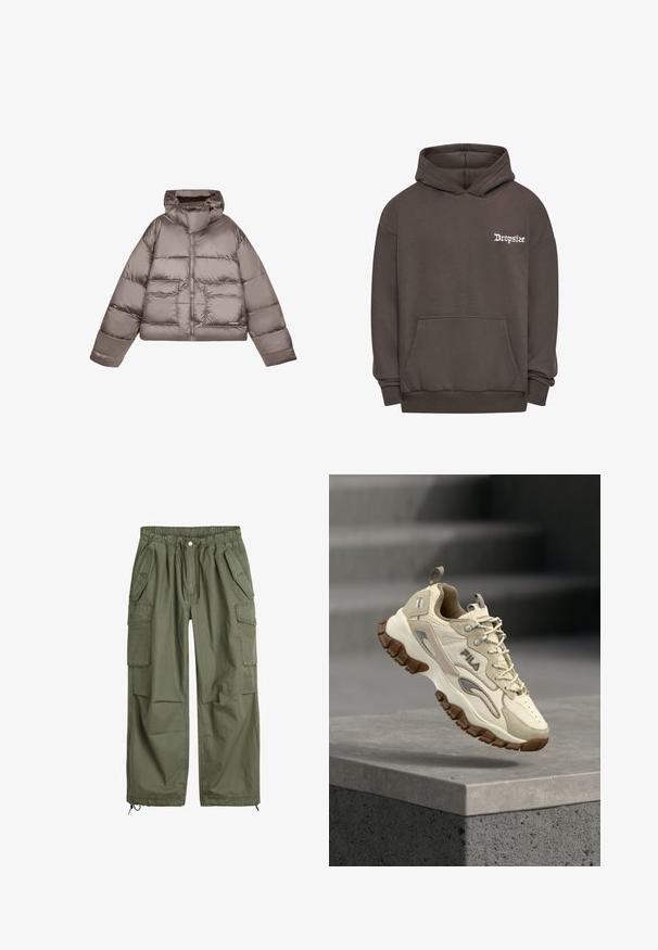 Brun cropped puffer-jakke, polstret design, høj krave, lynlås lukning, to forlommer, skinnende stof, elastiske manchetter og kant.; Brun hættetrøje med en kængurulomme, prydet med en hvid broderet "Dropsize" logo på venstre bryst. Fremstillet af blødt, struktureret stof.; Olivenfarvede cargo-bukser med elastisk talje, snor, flere sidelommer og tætsiddende ankler. Fremstillet af holdbart bomuldsstof.; Beige atletiksko med tekstureret mesh og læderdetaljer, med en tyk brun gummisål og et mærkelogo på siden.