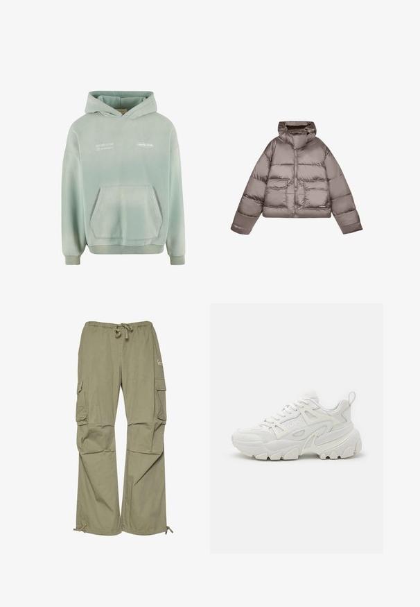 Brun cropped puffer-jakke, polstret design, høj krave, lynlås lukning, to forlommer, skinnende stof, elastiske manchetter og kant.; Lys grøn hættetrøje med en lomme foran, ribbede manchetter og kant. Har hvidt trykt tekst på forsiden og en blød, struktureret overflade.; Cargo bukser i olivengrøn, lavet af let stof, med elastisk talje, justerbare manchetter og flere sidelommer.; Hvide atletiske sneakers med en struktureret overdel, netpaneler, fremtrædende gummisål og dekorative udsparinger på siden.