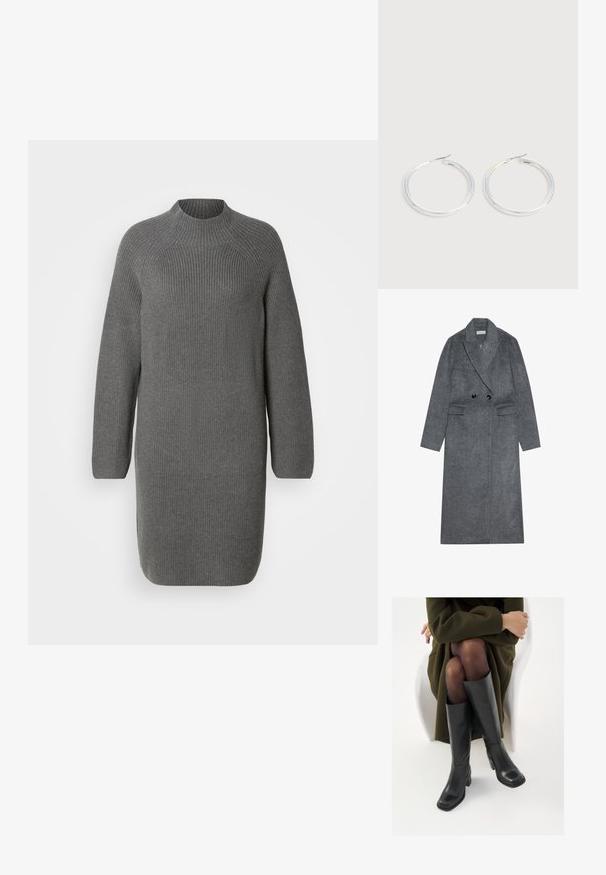 Manteau en laine gris mélangé avec un devant croisé, un col cranté et deux poches avant. Il dispose de boutons noirs et de manches droites.; Robe en tricot grise avec un col haut et des manches longues, présentant une texture côtelée et une coupe droite légèrement ample. Pas de motifs ni d'accents visibles.; Bottes en cuir noires arrivant au genou, avec un bout carré et un talon carré, présentées sur un modèle assis dans un manteau vert olive. Texture lisse, détails minimaux.; Paire de boucles d'oreilles créoles argentées brillantes avec fermoirs en fil fin, présentée sur un fond gris clair.