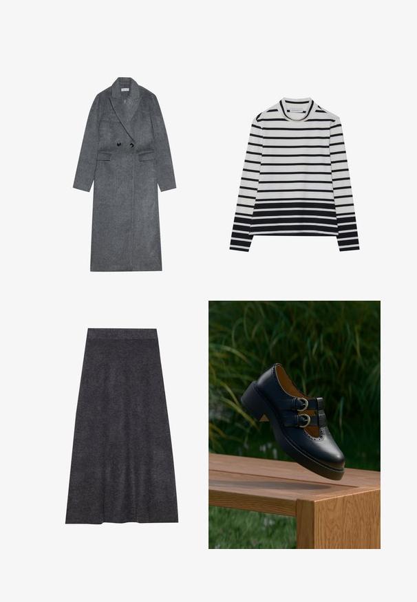 Manteau en laine gris mélangé avec un devant croisé, un col cranté et deux poches avant. Il dispose de boutons noirs et de manches droites.; T-shirt à manches longues en coton, présentant des rayures horizontales noires et blanches, un col montant haut et une coupe décontractée avec des fentes sur les côtés.; Jupe en maille gris foncé, longueur genou, avec une texture lisse et une ceinture. Silhouette en A avec un ourlet uniforme, conçue pour le confort et la polyvalence.; Chaussure noire en cuir à double boucle avec des détails perforés flottant au-dessus d'un banc en bois à l'extérieur avec de l'herbe verte et des plantes en arrière-plan.