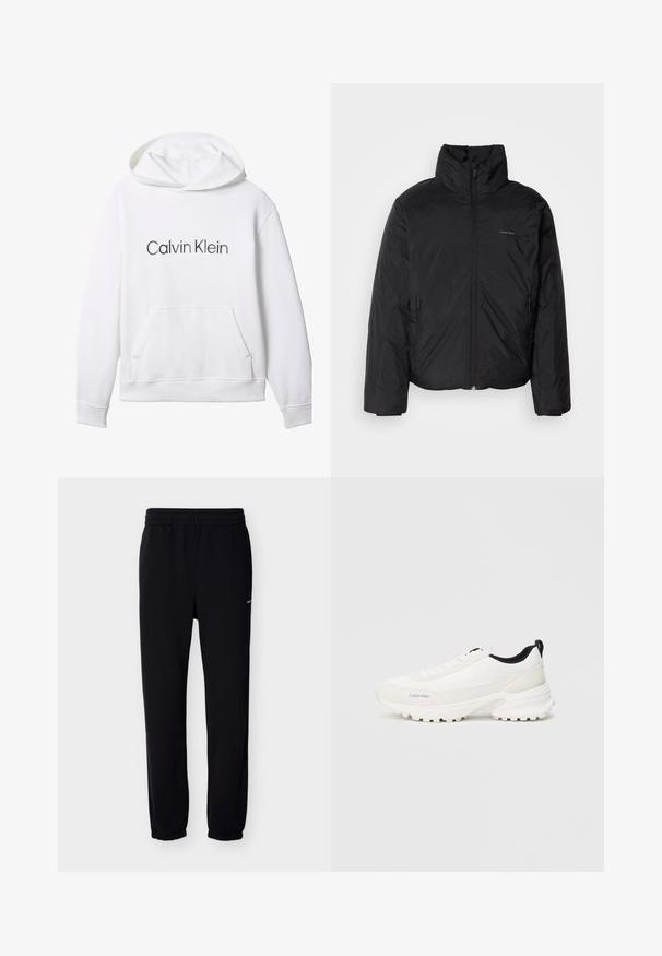 Must musträkk, millel on kõrge krae, lukuga ees ja küljetaskud. Sile, läikiv tekstuur ja minimaalne logo rinnal.; Valge kapuutsiga dressipluus esitaskuga ja "Calvin Klein" musta trükitähestikuga rinnal keskel.; Mustad dressipüksid elastse vöökohaga ja mansettidega. Valmistatud pehmest kangast. Paremal küljel on väike valge logo.; Valged spordijalatsid siledast pealmisest materjalist ja polsterdatud kraega, millel on selgelt eristuv tekstureeritud tallad haardeks ning peen brändimine külgedel.