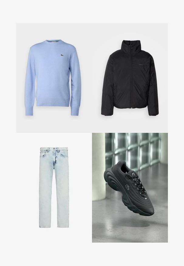 Schwarze Daunenjacke mit hohem Kragen, Reißverschluss auf der Vorderseite und Seitentaschen. Glatte, glänzende Textur mit einem minimalen Logo auf der Brust.; Helles blaues Strickpullover mit geripptem Saum und Bündchen, ausgestattet mit einem kleinen grünen Krokodil-Logo auf der Brust. Klassisches Rundhalsdesign.; Hellblaue High-Rise-Jeans mit geradem Bein, subtilen Verwaschungen und einem vorderen Knopf- und Reißverschluss.; Schwarzer Sneaker mit strukturiertem Obermaterial, gebogener Sohle und reflektierenden Akzenten. Verfügt über ein Logo an der Seite und ein Schnürdesign.