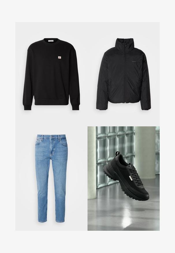 Zwarte pufferjack met een hoge kraag, rits aan de voorkant en zijzakken. Gladde, glanzende textuur met een minimalistisch logo op de borst.; Zwarte katoenen crewneck sweatshirt met lange mouwen, voorzien van een klein, rechthoekig logo-patch op de borst en geribbelde manchetten.; Lichtblauwe denim jeans met een rechte pasvorm, vijf zakken en subtiele vervaging. Voorzien van een knoopsluiting en riemlussen.; Zwarte sportieve sneaker met mesh zijkanten en dikke zool, die binnen zweeft nabij glasblokken en zuilen op een gladde vloer.