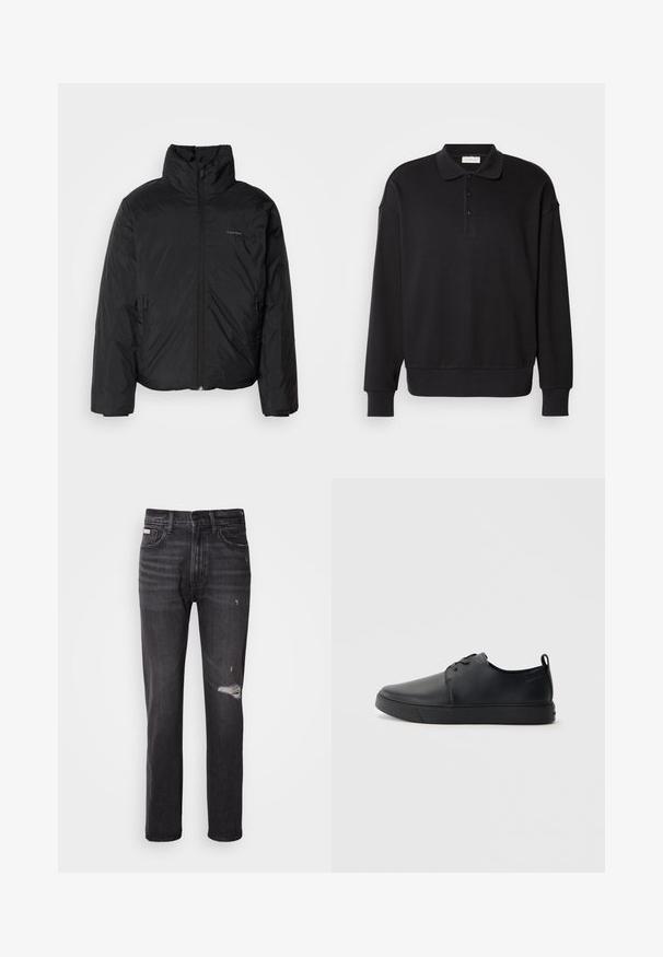Doudoune noire avec un col haut, fermeture éclair à l'avant et poches latérales. Texture lisse et brillante avec un logo minimaliste sur la poitrine.; Polo-shirt noir à manches longues, texture côtelée, patte de boutonnage à trois boutons, logo brodé sur la poitrine, poignets et ourlet ajustés. Matière douce en mélange de coton.; Jean en denim noir avec une coupe droite, des détails déchirés au niveau des genoux, un style à cinq poches et une finition légèrement délavée.; Baskets en cuir noir avec une finition lisse, bout arrondi, coutures ton sur ton, devant à lacets et semelle plate en caoutchouc. Anse au talon.