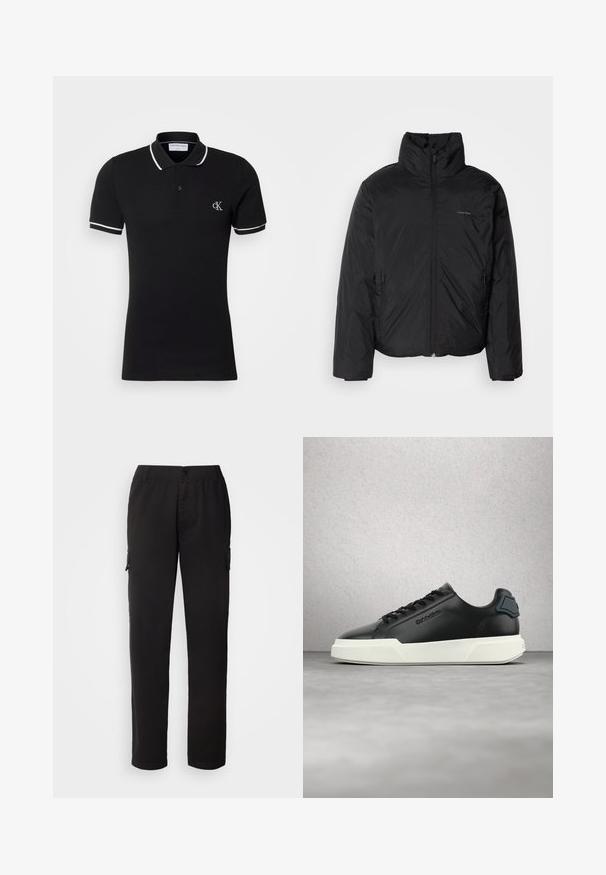 Zwarte pufferjack met een hoge kraag, rits aan de voorkant en zijzakken. Gladde, glanzende textuur met een minimalistisch logo op de borst.; Zwart poloshirt met korte mouwen, witte bies op kraag en mouwen, knoopsluiting met twee knopen en klein wit "cK" logo op de linkerborst.; Zwarte cargobroek van duurzaam materiaal; heeft een elastische tailleband, voor- en zijzakken en een recht model.; Zwarte lederen sneaker met witte zool, zwarte veters en geperst merklogo, zwevend boven een grijze vloer met achtergrond van glasblokken.