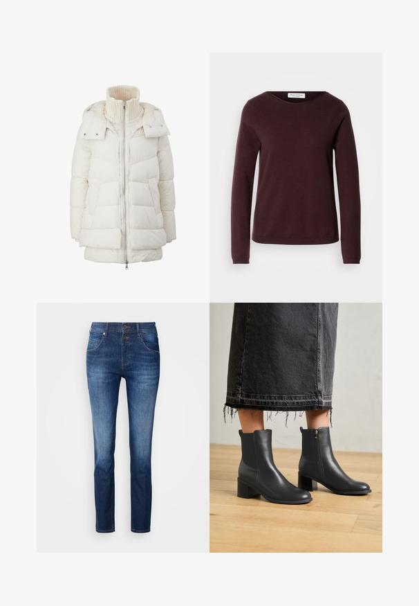 s.Oliver Wintermantel - off-white; Bordeaux lange mouwen trui met een ronde halslijn, zachte textuur en een minimalistisch ontwerp. Heeft ribbelmanchetten en een rechte zoom.; Donkerblauwe denim jeans met een rechte pasvorm, voorzien van een rits, twee voorkruizen en subtiele vervaging. Zachte textuur met minimale slijtage.; Zwarte leren enkellaarsjes met een ronde neus en een blokhak. Beschikt over een zijrits en een gladde textuur. Draagt met een versleten denimrok.