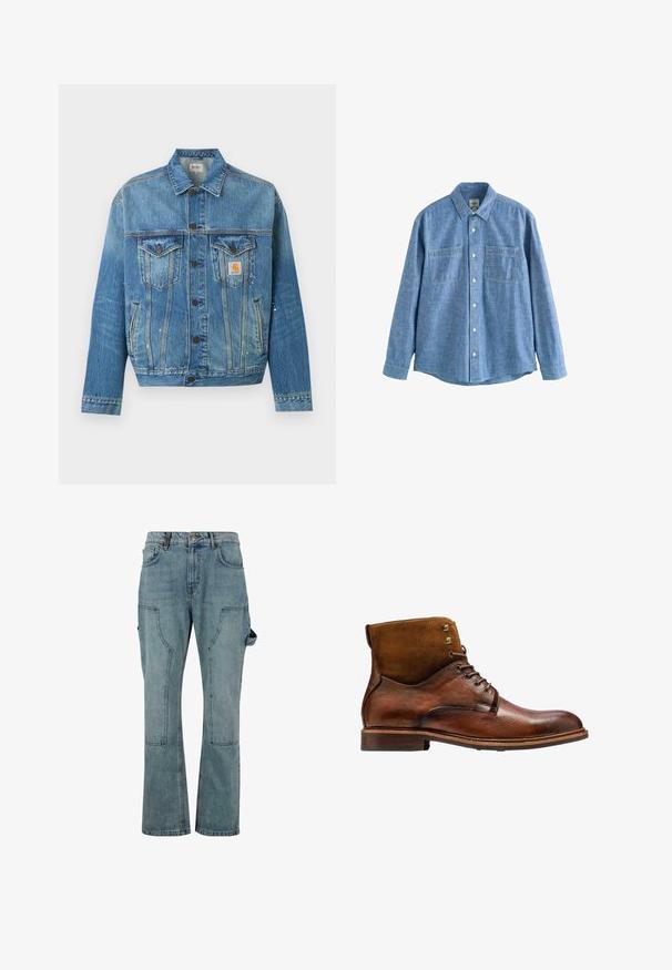Sininen farkkutakki, jossa napitus edessä, kaksi rintataskua läpillä, sivutaskut ja pieniä valkoisia maalitahroja, Carhartt-logolla varustettuna.; Pitkähihainen sininen chambray-paita, jossa napillinen etuosa ja kaksi rintataskua, aseteltu tasaisesti valkoiselle taustalle.; Vaaleansiniset denim cargo-housut suoranlahkeisella muotoilulla, joissa on useita taskuja ja nappikiinnitys vyötäröllä.; Kazar ALID - Nauhalliset nilkkurit - brown