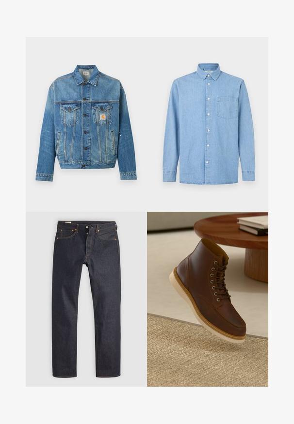 Veste en jean bleue avec fermeture à boutons devant, deux poches poitrine à rabats, poches latérales et petites éclaboussures de peinture blanche, avec un patch logo Carhartt.; Chemise en denim bleu clair à manches longues avec une poche avant, une fermeture à boutons et un col classique sur fond blanc.; Jean en denim bleu foncé à coupe droite, avec des coutures orange et un style classique à cinq poches. Fermeture par bouton et braguette à glissière.; Bottine en cuir marron avec semelle beige sur un tapis beige texturé à côté d'une table ronde en bois avec des livres empilés.