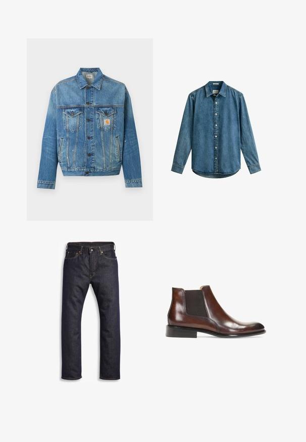 Blauwe spijkerjas met knopen aan de voorkant, twee borstzakken met kleppen, zijzakken en kleine witte verfspatjes, met een Carhartt-logo patch.; Denim overhemd met lange mouwen, knoopsluiting aan de voorkant en kraag, medium blauwe wassing, zichtbare stiksels en afgeronde zoom.; Donkerblauwe denim jeans met rechte snit, vijf zakken, metalen hardware en contrasterende oranje stiksels. Glad oppervlak, geen zichtbare patronen.; Bruine leren enkellaars met elastische zijkanten, een gladde afwerking, gestikte details en een lage rechthoekige hak.