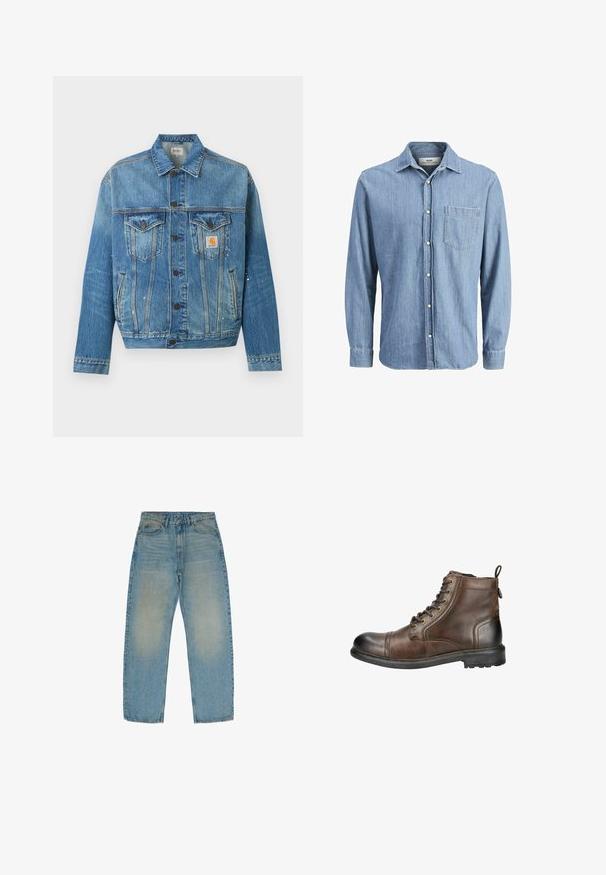 Blå denimjakke med knapper foran, to brystlommer med klapper, sidelommer og små hvide malingstænk, med et Carhartt logo-patch.; Lysblå denimskjorte med knap-ned krave, lange ærmer, enkelt brystlomme og broderet logo på lommen.; Lyseblå lige ben jeans lavet af denim, med en falmet tekstur og en medium vask, fem lommer og lynlås.; Brune læder ankelstøvle med rund tå, snørebånd fortil og et hævet træk ved hælen. Har en robust sål med mønster for godt fodfæste.