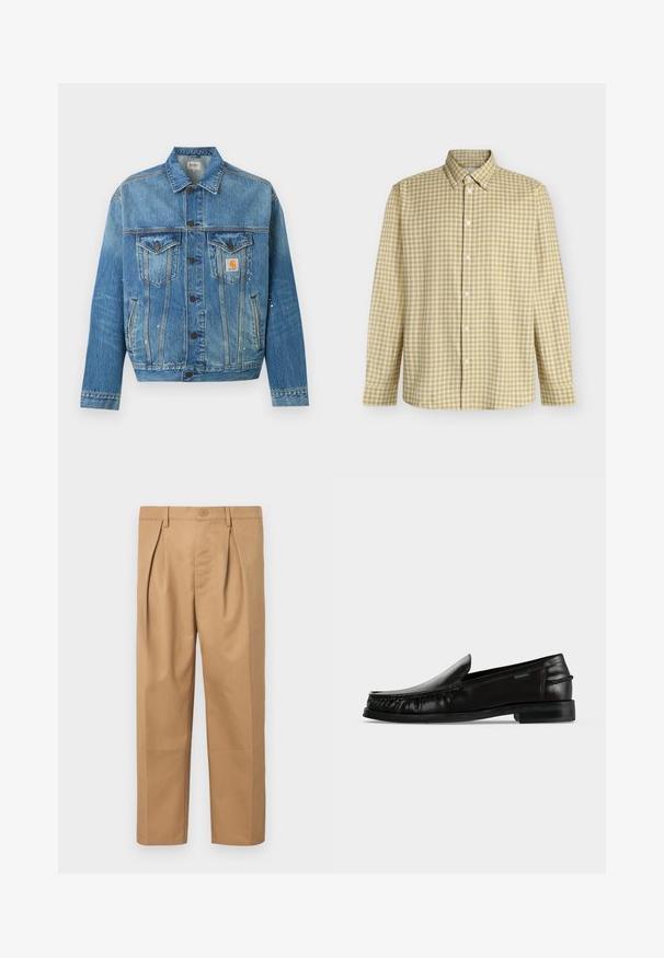Sininen farkkutakki, jossa napitus edessä, kaksi rintataskua läpillä, sivutaskut ja pieniä valkoisia maalitahroja, Carhartt-logolla varustettuna.; Keltainen ja harmaa ruutukuvioinen pitkähihaisen nappikauluspaidan, jossa nappikaulus, esitettynä litteänä valkoisella yksivärisellä taustalla.; Vaaleanruskeat puuvillahousut, joissa on rento istuvuus, pleatattu muotoilu, nappikiinnitys vyötäröllä ja suorahko lahje. Silkkinen tekstuuri ilman kuvioita.; Musta nahkainen slip-on-loafer, jossa punottu koristelu sivuilla ja matala korko yksivärisellä valkoisella taustalla.
