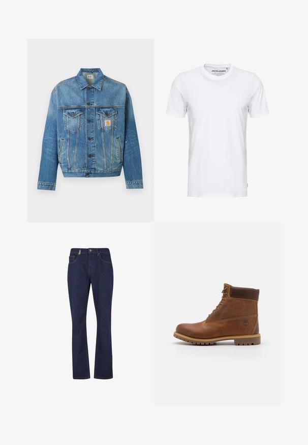 Blå denimjakke med knapper foran, to brystlommer med klapper, sidelommer og små hvide malingstænk, med et Carhartt logo-patch.; Hvid t-shirt med korte ærmer lavet af bomuld, med en rund hals og et enkelt design. Brandtag synlig på halsområdet. Ingen mønstre eller accenter.; Mørkeblå jeans med lige ben, foran med knap og lynlås, med forreste og bageste lommer samt synlige sømdetaljer.; Brun læder vandrestøvle med en glat finish, polstret ankel, metalliske snørehuller og en gummisål med et robust dækmønster.