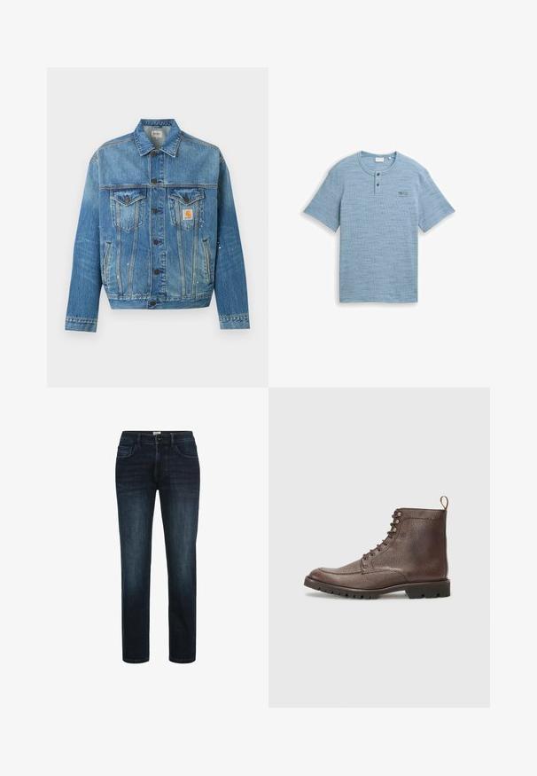 Blå denimjakke med knapper foran, to brystlommer med klapper, sidelommer og små hvide malingstænk, med et Carhartt logo-patch.; Lyseblå henley-shirt med korte ærmer, to knapper og lille "19/62" tekst på venstre bryst, vist på hvid baggrund.; Mørk vaskede denimjeans med lige ben, der har fem lommer, knaplukning og subtil fading langs lårene.; Hackett London SLOANE APRON - Snørestøvletter - dark mocca brown