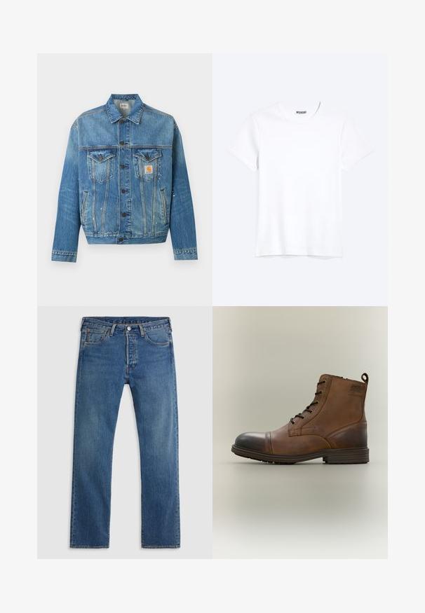 Blauwe spijkerjas met knopen aan de voorkant, twee borstzakken met kleppen, zijzakken en kleine witte verfspatjes, met een Carhartt-logo patch.; Effen witte T-shirt met korte mouwen en ronde hals met een zichtbaar WEEKDAY-merklabel bij de nek, weergegeven op een lichte achtergrond.; Blauwe rechte denim jeans met vijf zakken, riemlussen en een sluiting met een knoop en ritssluiting aan de voorkant, op een effen achtergrond.; Bruine leren enkellaars met veters, zwarte neuskap, ronde zool en merkdetail aan de zijkant tegen een effen achtergrond.