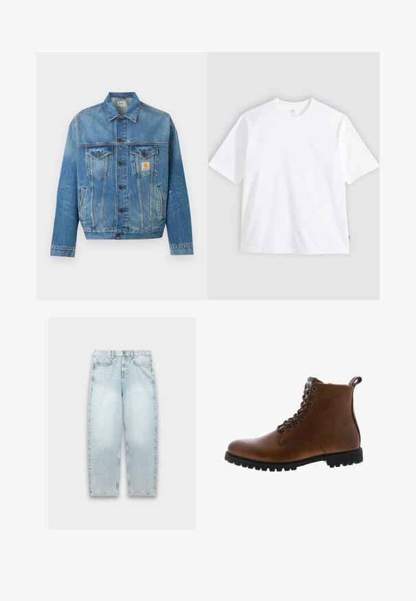 Blå denimjakke med knapper foran, to brystlommer med klapper, sidelommer og små hvide malingstænk, med et Carhartt logo-patch.; Hvid t-shirt med korte ærmer lavet af bomuld, med rund hals og lige snit. Mærke synligt på den nederste side af kanten.; Lyseblå denimjeans med løs pasform, lige ben, falmet tekstur, fem-lomme design og metalknaplukning i taljen.; Brune læder ankelstøvler med tekstureret overflade, metaløjer og sort gummisål. Har en træktab bagpå for nem påtagning.
