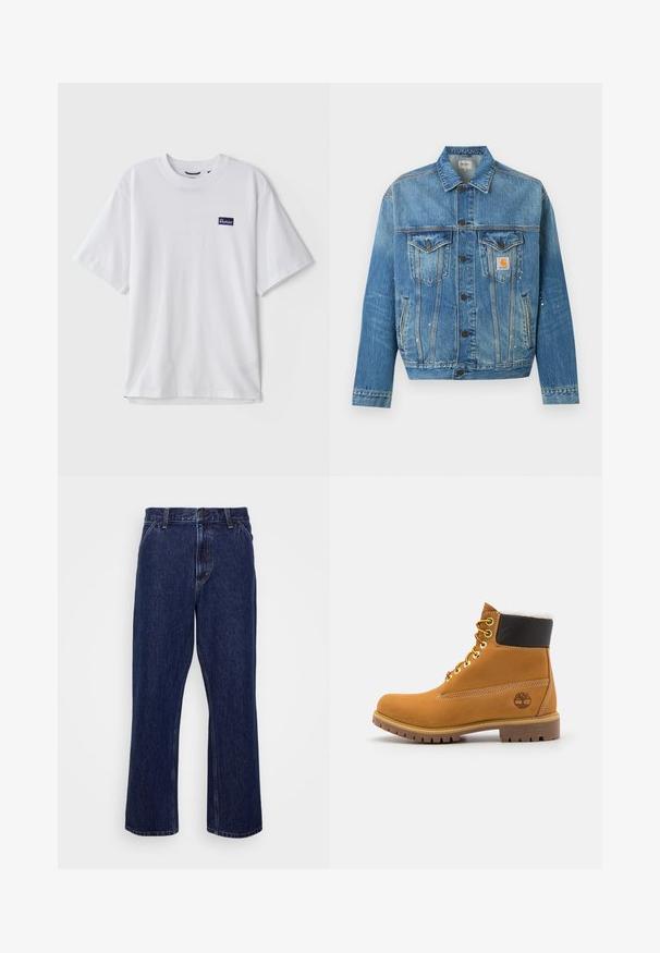 Chaqueta vaquera azul con cierre de botones en la parte delantera, dos bolsillos en el pecho con solapas, bolsillos laterales y pequeñas salpicaduras blancas de pintura, con un parche con el logo de Carhartt.; Camiseta de algodón blanca con cuello redondo, mangas cortas y un parche rectangular de logo azul marino en el área del pecho izquierdo.; Jeans de mezclilla azul oscuro con un diseño de pierna recta, que cuentan con un cierre de botón, estilo de cinco bolsillos y detalles de costura sutiles.; Botín de cuero marrón con ojales de metal, forro de piel sintética blanca, cuello acolchado negro, suela resistente y logotipo en relieve en el costado.