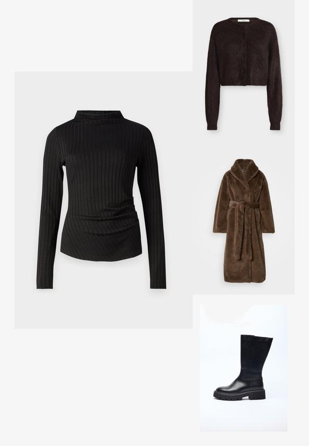Brun plys faux fur lang frakke med bred krave og matchende bælte bundet om taljen, lagt fladt på en neutral baggrund.; Mørkebrun, fuzzy strikket cropped cardigan med lange ærmer og rund halsudskæring, knaplukning foran, vist på en ensfarvet lys baggrund.; Good American VICTORIAN FUNNEL NECK - Langærmet T-shirt - black; Sorte læder knæhøje støvler med en chunky sål, designet med en glat tekstur, rund tå og minimalistisk silhuet.