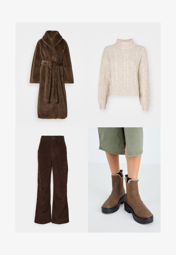 Prunelate pehmea faux furrist pikk mantel laia kraega ja sobiva vööga, mis on kinni seotud vöökohal, laotatuna tasasele neutraalsele taustale.; Kreemivalge lühike sviiter kõrge kaelusega, millel on tekstuuriga nöörkoe muster ja pikad, veidi puhvsooned varrukad.; Hollister Co. Püksid - chicory; Pruunid nahast pahklööbid, millel on kummitald, pehme vooder ja elastsed külgpaneelid. Omavad madalat plokknina ja sileda tekstuuri.