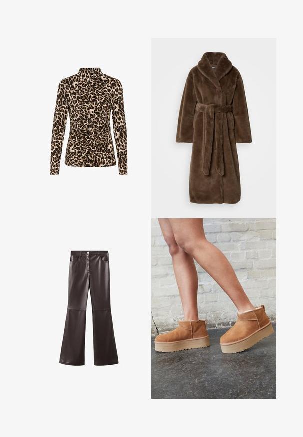 Brun plys faux fur lang frakke med bred krave og matchende bælte bundet om taljen, lagt fladt på en neutral baggrund.; Langærmet top med høj krave, leopardprint i brune og beige nuancer, og med rynkedetaljer foran for formgivning.; Brune flared bukser i imiteret læder med høj talje, forlommer og en glat tekstur samt diskrete sømdetaljer ved knæene.; Brune ruskinds ankelsko med en blød foring, tyk beige plattformsål og en bageste løkke. Tekstureret overflade med synlige sømdetaljer.