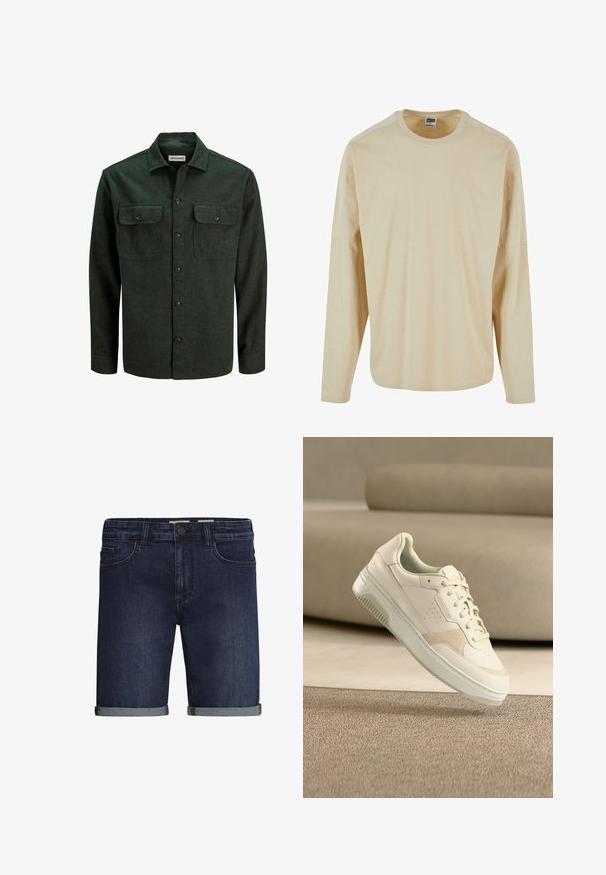 Mørkegrøn flannel skjorte med to brystlommer, knaplukning foran og spids krave. Blød tekstur og lange ærmer, minimal hardware.; Beige langærmet skjorte lavet af blødt, glat stof. Har en rund halsudskæring og en afslappet pasform med sænkede skuldre.; Mørkeblå denimshorts med klassisk fem-lomme design, en opsmøgt kant og en knaplukning. Glat tekstur.; Sneaker i cremelignende farve med snørelukning og perforeret sidesektion, placeret oven på et beige tæppegulv og med en matchende sofa i baggrunden.